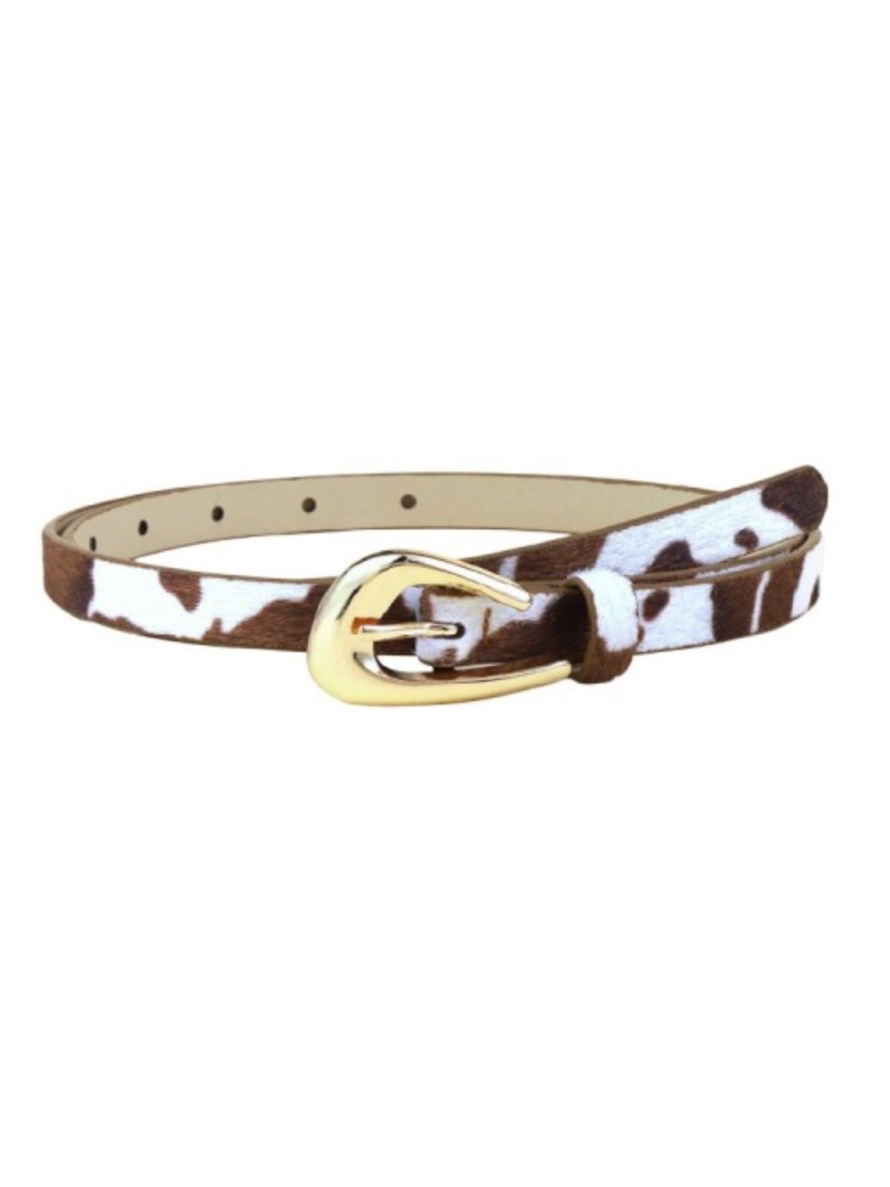 Zenana Outfitters Cowprint Thin Belt with Gold Buckle - Brown & White